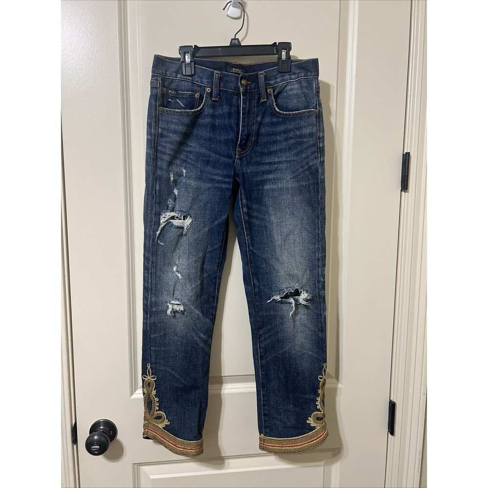 Women's POLO RALPH LAUREN Waverly Straight Crop Distressed Emb Hem Jeans Size 28